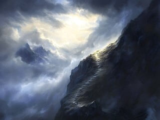 Poster - Dramatic Mountain Landscape with Clouds and Rays of Light