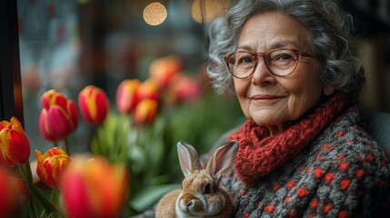 Poster - An older woman with curly gray hair and glasses sits in a warm environment, holding a soft rabbit. She is surrounded by blooming tulips, creating a peaceful atmosphere.