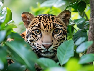 Wall Mural - jaguar peering through lush foliage, eyes focused, captivating feline portrait