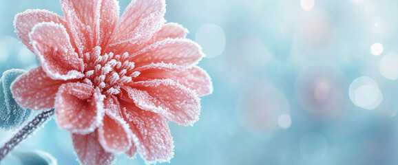 Poster - Close-up of a pink frost-covered flower with intricate ice crystals, set against a soft blue bokeh background, symbolizing natural beauty and the essence of winter.
