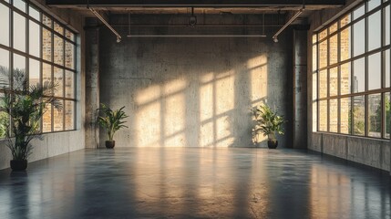 Poster - Sunlight streams through large windows, casting a warm glow on a minimalist industrial space adorned with greenery. The clean lines and concrete walls create a serene atmosphere
