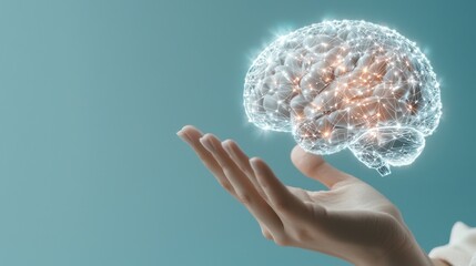 Poster - glowing brain levitating above human hand in digital conceptual metaphor