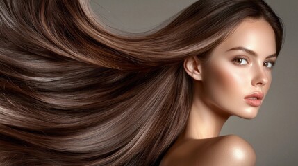 Poster - A woman exudes grace with her long, straight hair flowing elegantly. Her confident pose captures the essence of beauty and sophistication in a serene environment, enchanting the viewer
