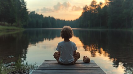Poster - A child sits cross legged on a wooden dock, gazing at the calm lake during sunset. Soft sunlight reflects on the water, creating a tranquil atmosphere.