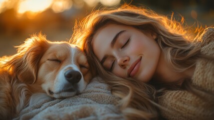 Poster - A girl with long hair rests her head beside a relaxed dog during sunset, both enjoying a peaceful moment outdoors in a cozy setting filled with warmth.