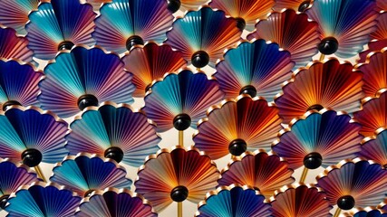 Poster - A row of colorful flowers with a blue one in the middle. The flowers are in a row and are all different colors