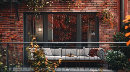 Poster - A balcony with a couch and tree branches outside an apartment with red brick walls