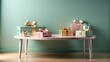 © kavalin - Pastel presents arranged on a coffee table against a mint green wall