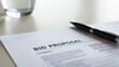 © ธนากร บัวพรหม - A close-up view of a bid proposal document with a black pen resting on it, showcasing a clean and professional workspace in an office environment.