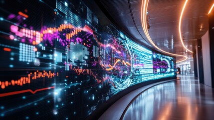 Poster - Futuristic digital landscape with dynamic data visualization and energy flow in motion