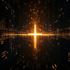 Poster - Glowing golden cross surrounded by futuristic digital light patterns and particles, representing spirituality, faith, and the intersection of religion and technology in a modern concept