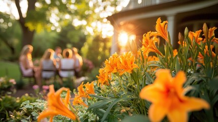 Canvas Print - Vibrant Blooming Garden with Sunset Lighting in Tranquil Outdoor Scene