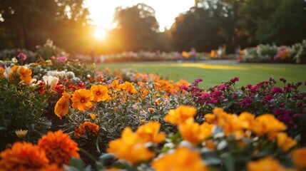 Wall Mural - Vibrant Garden Blooms Bathed in Warm Sunset Glow at Tranquil Outdoor Park Landscape