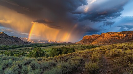 Aufkleber - A vibrant rainbow arcs gracefully across a lush green valley, while dark storm clouds loom overhead. Sunlight bathes the landscape in warm hues, creating a magical atmosphere