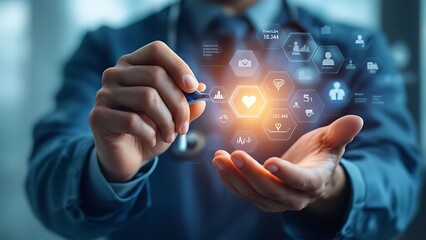 Medical technology, online health, global health network, telemedicine concept. Doctor holding stethoscope with medical technology internet network connection, healthcare and medicine