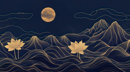 Wall Mural - a golden line drawing of mountains and the moon on dark blue background, with lotus flowers in light