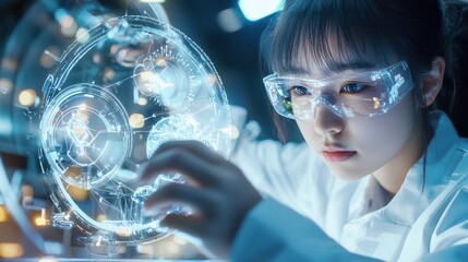 Poster - Scientist Studying Futuristic Holographic Globe in Innovative Laboratory