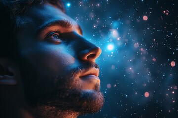 Close-up of man's face looking up, illuminated by warm light, against a backdrop of a mesmerizing starry night sky