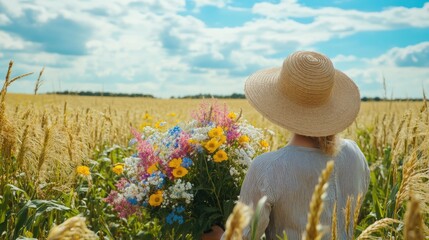 Wall Mural - Serene woman wearing a wide-brimmed straw hat holding a vibrant bouquet of wildflowers in a golden rye field under a bright blue sky.