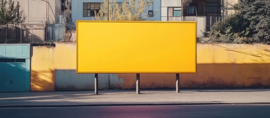 Poster - Vibrant Yellow Billboard in Urban Environment Featuring Copyspace for Text Against Colorful Wall with Green and Orange Accents