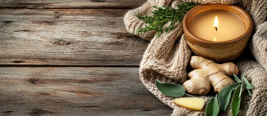 Poster - warm ginger spice candle in cozy cup with fresh herbs on rustic wooden surface, autumn winter season