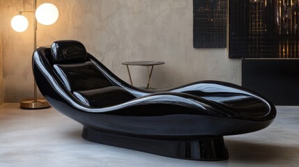 Wall Mural - Elegant black chaise longue in modern interior setting featuring metallic lamp and minimalist decor, soft gray wall, and artistic ambiance.