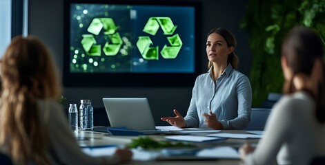 Poster - A woman presenting an eco-friendly technology to her team, with the company logo on one wall and green symbols in front of them on paper
