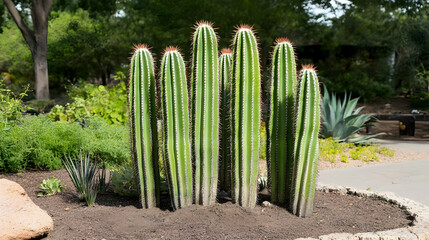 Poster - Group of Tall Green Cacti Growing in a Desert Garden Surrounded by Lush Greenery