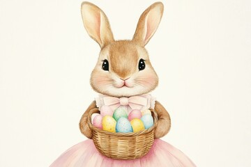 Wall Mural - Cute pastel illustration of a bunny wearing a pink dress, holding a basket of colorful Easter eggs, perfect for spring themed projects