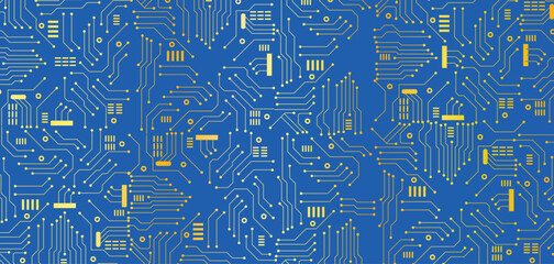 Poster - Technology golden circuit diagram concept on blue background. stock illustration.