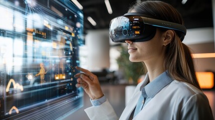 Poster - Woman Wearing Virtual Reality Headset Experiencing Futuristic Immersive Digital Technology