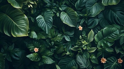 Aufkleber - Lush Greenery with Tropical Leaves and Delicate Flowers in Nature