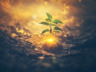 Aufkleber - Green Plant Sprouting with Glowing Effects in Dark Environment