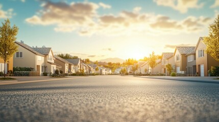 Poster - serene sunrise over quiet suburban neighborhood with empty street and copy space for health awarenes