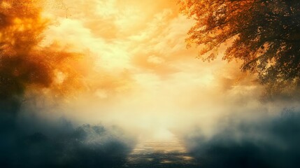 Poster - Serene Misty River Scene Under Golden Hour Sunlight