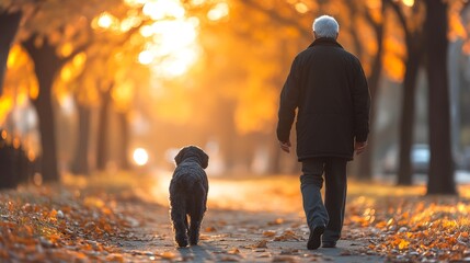 Poster - An elderly man strolls alongside his dog in a park during sunset. The park is filled with colorful autumn leaves, creating a peaceful and warm ambiance.
