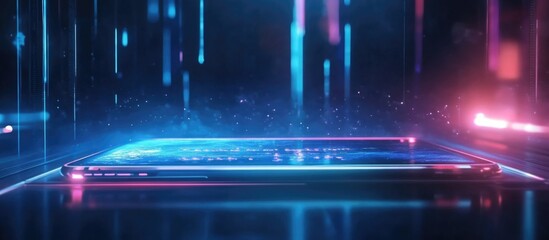Poster - Futuristic smartphone laptop in vibrant neon colors showcasing advanced technology with virtual augmented reality holographic displays and empty text space.