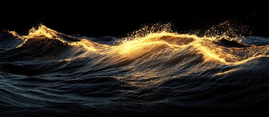 Poster - golden shimmering waves gracefully flowing through a dark ocean at night with luminous highlights an