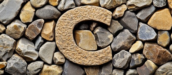 Poster - Gravel Letter C in Rough Stone Alphabet Set Against Natural Stone Background with Neutral Tones and Blank Space for Custom Text