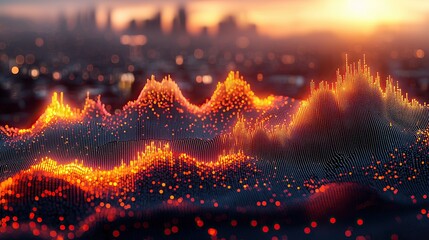 Poster - Glowing data points form dynamic landscape against blurred cityscape backdrop