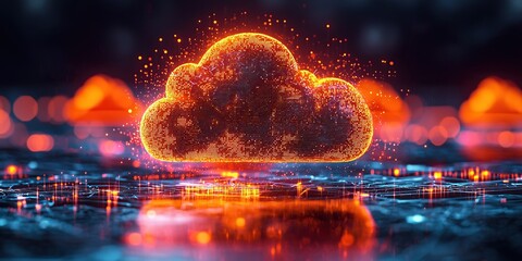 Poster - Digital cloud data visualization: network of interconnected nodes forming cloud shape symbolizing data storage and connectivity