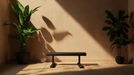 Poster - A minimalist indoor space featuring a sleek bench, surrounded by lush plants, with soft shadows cast on a warm-toned wall.