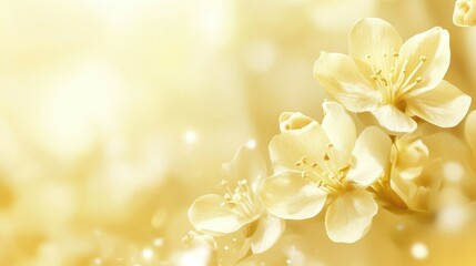 Poster - soft golden spring flowers against a light yellow background with gentle bokeh highlights creating a