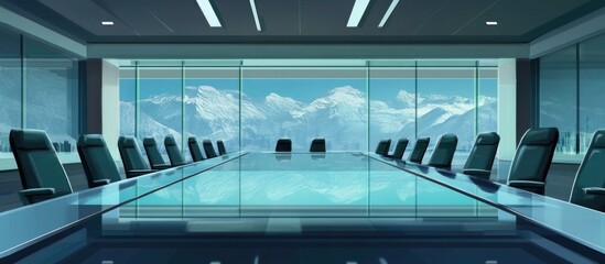 Poster - High quality digital illustration of a modern boardroom with glass table and mountain view, featuring sleek black leather chairs and spacious layout for corporate meetings.