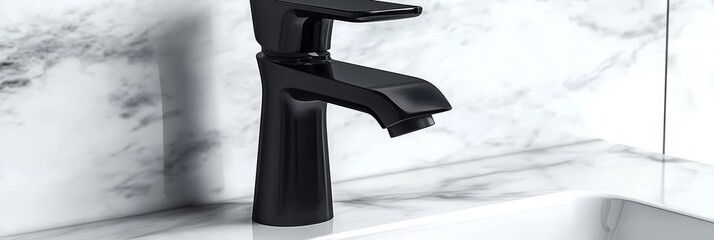 Wall Mural - Stylish Black Faucet A Modern Touch for a Contemporary Bathroom. Minimalist Design on Marble.