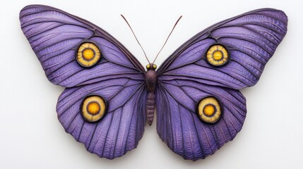 Poster - Vibrant purple butterfly with striking yellow eyes positioned centrally against a neutral background showcasing intricate wing details and natural beauty.