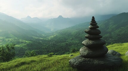 Poster - Balanced stacked stones in a serene green landscape symbolizing mindfulness and peace with distant mountains and misty clouds in background.
