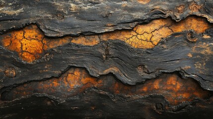 Poster - close-up of textured tree bark in rich brown and deep black hues with cracked patterns and warm oran