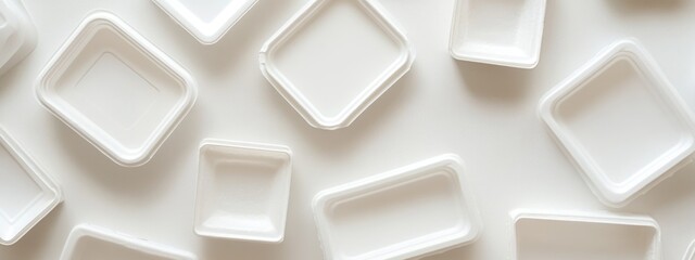 Poster - white foam plastic containers on light background with negative space for text and small plastic pie