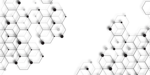 Leinwandbilder - Molecular structure abstract tech background. Geometric white background black design with hexagons shape Science network pattern, connecting lines and dots Medical background, Vector illustration.